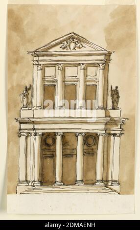 Élévation d'une église, Giuseppe Barberi, italien, 1746–1809, stylo et encre brune, brosse et lavage brun sur papier blanc cassé doublé, Rome, Italie, 1746-1809, architecture, dessin Banque D'Images