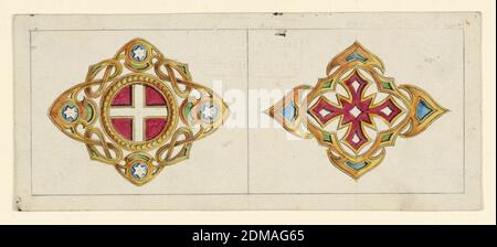 Design pour une broche, stylo et encre brune, aquarelle, graphite, bordures en graphite sur papier vélin blanc, dessin en haut à l'image.a gauche: Au centre est un cercle libre avec une croix blanche, il est en haut rouge. Le cadre est en forme de losange. Dans les coins sont de petits cercles, avec des étoiles blanches sur bleu, reliés par une sorte de nœud. À droite : une croix centrale est encadrée de la même manière., Rome (?), Italie, Italie, 1860–65, bijoux, dessin Banque D'Images