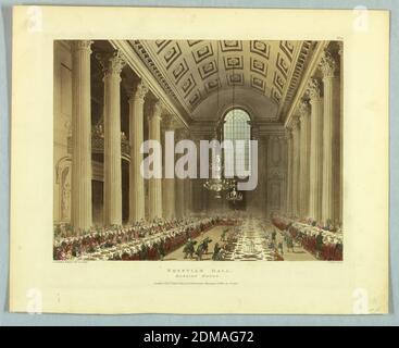 Egyptian Hall, Mansion House, de 'Ackermann's Repository', Thomas Rowlandson, britannique, 1756–1827, Augustus Charles Pugin, français, Grande-Bretagne active, ca. 1762–1832, John Bluck, British, 1791–1832, Aquatint, pinceau et aquarelle sur papier, Haut hall voûté, avec plafond cercueil et piliers corinthiens. Longues tables de banquet; serveurs en uniforme vert. Titre, noms des artistes et des éditeurs ci-dessous., Europe, Londres, Angleterre, 1809, Imprimer Banque D'Images
