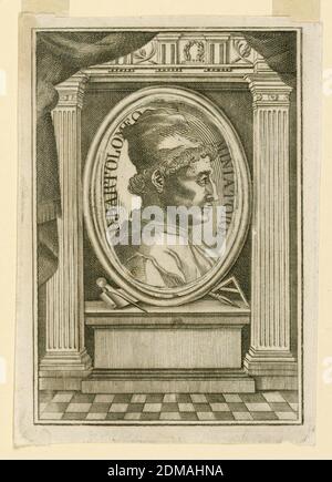 Portrait de Bartolomeo di Miniato (d. 1548), gravure sur papier, portrait en longueur de buste en vue latérale vers la droite, d'un jeune homme portant une casquette haute. Le portrait ovale avec le cadre simple se trouve sur une base entre deux colonnes. En haut à gauche, un rideau est suspendu., Italie, 1730-1750, Imprimer Banque D'Images