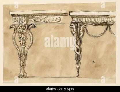 Tables de console, Giuseppe Barberi, italien, 1746–1809, stylo et encre brune, brosse et lavage brun sur papier blanc cassé, doublé, deux côtés gauches. À gauche, le support a un pied de lion, au-dessus duquel se trouve un groupe de branches de paume attachées par des rubans. Un masque est en haut. Deux serpents, incurvés vers l'extérieur et vus en profil, sont attachés à elle, en dessous par les mêmes rubans, au-dessus par les pentes. Le cadre et le dessus sont une étalature avec des représentations en médaillons et avec des Rinceaux dans la frise. À droite, le support est une branche avec deux serpents enteninés avec des têtes d'oiseaux. Ils ont des festons. Banque D'Images