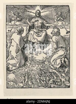 Le jugement dernier, tiré de la série de la petite passion, Albrecht Dürer, allemand, 1471–1528, Woodcut sur papier, Christ apparaît au centre supérieur de la composition, face au spectateur. Il est accompagné de deux anges soufflant des trompettes. La Vierge s'agenouille à gauche ; Saint John à droite. Les bénis et condamnés sont vus ci-dessous. Monogramme de Dürer près du centre gauche., Allemagne, ca. 1509–1511, Imprimer Banque D'Images