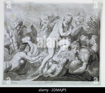 Vénus, Triton, et nymphes de la mer, Pieter Claesz Soutman, néerlandais, 1580 - 1657, Peter Paul Rubens, flamand, 1577 - 1640, Clément de Jonghe, néerlandais, mort 1679, gravure sur papier, Vénus, assise sur un déambule (?) est offert perles et coquillages par les nymphes de mer environnants. A gauche apparaît Triton et une autre nymphe., Anvers, pays-Bas, ca. 1640, Imprimer Banque D'Images