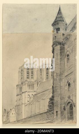 Cathédrale notre-Dame de Paris, Charles Nicolas Ransonnette, français, 1793 - 1877, graphite, crayon noir sur deux morceaux de papier collés ensemble, vue de l'est transept vers les tours de la façade., France, 1825–1840, dessin Banque D'Images