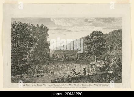 Une vue sur la rivière Wye, près de Bakewell, Derbyshire, Robert Sayer, British, 1725 - 1794, gravure sur papier, les pêcheurs sont vus au premier plan sous une cascade. Une falaise élevée à gauche au milieu., Londres, Angleterre, ca. 1780-1800, Imprimer Banque D'Images