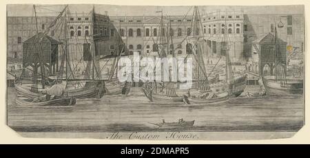 The Custom House, Londres, sur papier, la vue est prise de la Tamise regardant la façade principale de la Custom House. Divers Shallops et autres navires au premier plan. Inscrit ci-dessous: The Custom House., Angleterre, ca. 1740–1760, Imprimer Banque D'Images