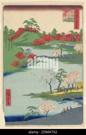 Fukagawa Hachiman yanabiraki de la série une centaine de vues célèbres d'Edo, Ando Hiroshige, japonais, 1797–1858, impression de blocs de bois à l'encre de couleur sur papier, cette scène des jardins ouverts du sanctuaire Hachiman à Fukagawa contraste avec les azalées rouges vives et les cerisiers en fleurs roses. Généralement, ces deux espèces fleurissent à environ un mois d'intervalle. Bien que de nombreux visiteurs admirent les splendeurs de la nature, cette scène est une figure de l'imagination de Hiroshige., Japon, 1797-1858, paysages, Imprimer Banque D'Images