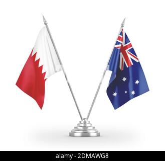 Drapeaux de table d'Australie et de Bahreïn isolés sur le rendu 3D blanc Banque D'Images