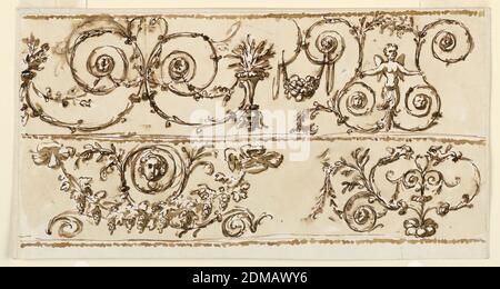 Design pour décoration de plafond, Giuseppe Barberi, italien, 1746–1809, stylo et encre brune, pinceau et savon brun sur papier blanc cassé doublé, Rome, Italie, 1746-1809, intérieurs, dessin Banque D'Images