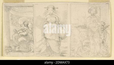 La Vierge à l'enfant; UNE jeune femme; Saint-Georges, Fortunato Duranti, Italien, 1787 - 1863, Graphite sur papier, à côté l'un de l'autre; chacun encadré par une ligne. À gauche : la Vierge se trouve devant une abside, avec l'enfant sur ses genoux. Il est vu en profil. Une colonne soutenant un mur, à gauche. Centre: Une jeune femme debout, vu frontally. Ses mains sont cachées sous un tablier. Une couronne mains de sa gauche. À droite : le saint est vu après la bataille, frontally. À gauche se trouve le dragon, avec un morceau de lance dans sa tête., Italie, 1820-1850, dessin Banque D'Images
