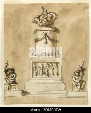 Décorations funéraires pour le roi Louis XVI de France, Giuseppe Barberi, italien, 1746–1809, stylo et encre brune, pinceau et lavage brun sur papier blanc cassé doublé, ci-dessous est une base, avec des marches dans la partie principale, et avec deux putti assis latéralement sur des cubes, soit soutenant une cornucopia avec une flamme. Au centre se trouve un immense piédestal, dont la partie rectangulaire inférieure est décorée d'un relief à cinq chiffres. La partie supérieure se compose de la partie inférieure d'une colonne, avec des festons autour de l'arbre. Sur le dessus est un coussin avec la couronne couchée obliquement sur deux objets croisés., Rome, Italie, 1793 Banque D'Images