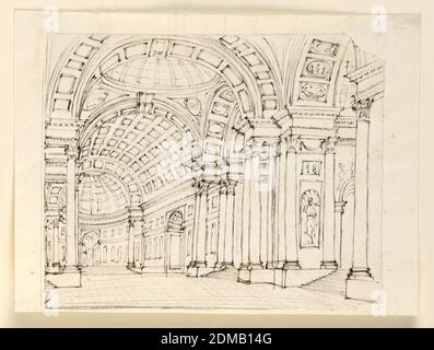 Stage Design, Palace Interior, stylo et encre marron, pinceau et encre grise sur papier, rectangle horizontal. Nef principale du temple avec des escaliers menant dans les allées sur les côtés, voûte richement décorée et plafonds de dôme., Italie, début du XIXe siècle, théâtre, dessin Banque D'Images