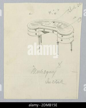 Design pour table d'écriture en forme de rein avec cinq tiroirs en acajou, A.N. Davenport Co., stylo et encre noire, graphite sur papier crème mince, 1900–05, mobilier, dessin Banque D'Images