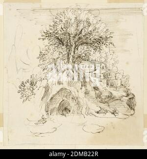 Paysage, charbon de bois, stylo et encre sur papier, UN grand arbre pousse sur un affleurement rocheux. Maisons visibles sur la pente derrière elle., Italie, 1600–1625, paysages, dessin Banque D'Images