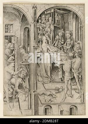 La décapitation de Jean-Baptiste, Israël van Meckenem, allemand, ca. 1440 - 1503, gravure sur papier blanc, deux scènes; à gauche: Le jaillier qui donne la tête de Jean-Baptiste à Herodias pour mettre sur le plateau. A droite : les herodias apportent la tête sur le plateau à l'Hérode du Roi, Bocholt, Westphalie, Allemagne, ca. 1480, figures, Imprimer Banque D'Images