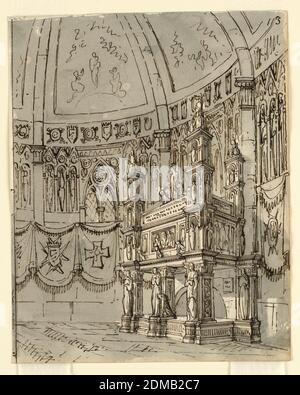 Stage Design, intérieur de l'église gothique, Romolo Achille Liverani, italien, 1809 - 1872, Alessandro Sanquirico, italien, 1777 - 1849, encre de plume et sépia, pinceau et lavage sur papier, rectangle vertical. Intérieur de l'église voûtée gothique avec grand monument décoré et draperies montrant la croix maltaise et les armoiries., Italie, après 1829, théâtre, dessin Banque D'Images