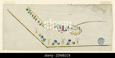 Motif pour la broderie d'un gilet de costume d'homme, non fini, graphite, pinceau et gouache, blanc sur papier, motif pour la broderie du coin inférieur gauche d'un gilet d'homme. Poche non décorée. Sous elle, des brindilles de fleurs et deux fleurs de dentelle. Les bourgs de fleurs et les fleurs de lyre alternent le long du bord extérieur., France, 1780–1790, dessin Banque D'Images