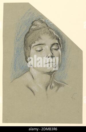 Portrait croquis d'une jeune femme aux yeux fermés, Elihu Vedder, américain, 1836 – 1923, noir, crayons bleus, craie blanche, sur papier gris, tête d'une jeune fille, tourné vers la droite en vue de trois quarts. Sa tête est légèrement inclinée, son regard vers le bas à droite. Ses cheveux sont formés avec un nœud sur sa tête. Signature initiale, en bas à droite: 'V.', USA, ca. 1885, portraits, dessin Banque D'Images