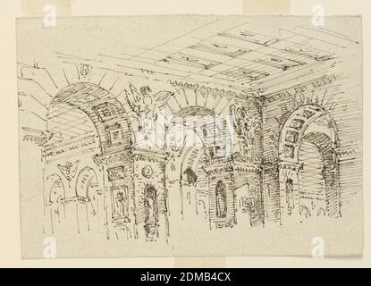 Stage Design, Palace Interior, encre de plume et de bistre sur papier, rectangle horizontal. Intérieur de la salle du palais avec arches détaillées, sculptures. Verso: Bâtiments orientaux., Italie, début du XIXe siècle, théâtre, dessin Banque D'Images