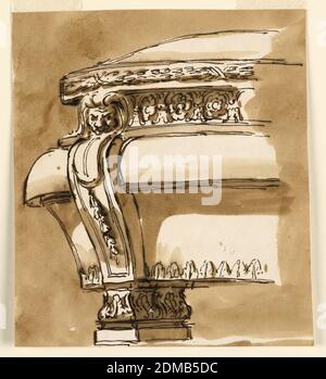 Design pour un sarcophage, Giuseppe Barberi, italien, 1746–1809, stylo et encre brune, pinceau et lavage brun sur papier coulé blanc cassé doublé, la moitié gauche est montrée, avec le support gauche montré de l'intérieur. Forme de baignoire avec une gaine sculptée avec un masque de lion montant du support. Arrière-plan coloré. Vous trouverez ci-dessous les points d'un trait en -1402 et les parties supérieures de sa couleur d'arrière-plan., Rome, Italie, ca. 1780, architecture, dessin Banque D'Images