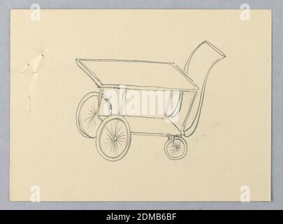 Conception pour table de service à roulettes avec deux plateaux, A.N. Davenport Co., Graphite sur papier crème fin, table de service semblable à un chariot sur roues, vue de trois quarts; deux plateaux empilés; poignées fixées à l'arrière du plateau supérieur; plateau inférieur avec une paire de roues de vélo fixées à l'avant et deux roues plus petites fixées à l'arrière; Longue poignée DE direction EN FORME DE « S » fixée au plateau inférieur et s'étend jusqu'au dessous du plateau supérieur, 1900–05, mobilier, dessin Banque D'Images