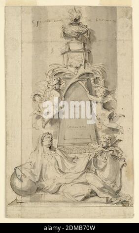 Design pour le Monument de Van der Cammen-Henriques dans l'église Saint-Gumarus, Lier, Peeter Verbrugghen II, Flamand, 1648 - 1691, Graphite, stylo et encre brune, pinceau et gris laver sur papier coupied, UNE femme croche au pied d'un obélisque, s'appuyant sur une sphère et tenant un serpent mordant sa queue, avec un putto qui soutient et ébouforme. Un censeur est sur l'obélisque avant que deux putti traversent les creux de la paume, en tenant des couronnes dans leurs mains extérieures. Écrit sur la colonne: Pilaer van der Kerck (contre le pilier); dans l'obélisque: Swerte / steen / en / Witte / letteren Banque D'Images