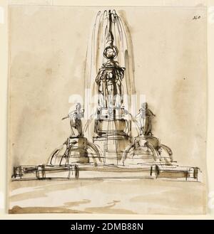 Croquis, une fontaine, Giuseppe Barberi, italien, 1746–1809, stylo et encre brune, pinceau et savon brun sur papier blanc cassé, doublé, au centre d'un bassin circulaire, se dresse un haut piédestal subdivisé, sur lequel quatre - trois sont visibles - les femmes soutiennent une base avec une urne, d'où provient l'eau. Obliquement sont deux socles ronds inférieurs avec des statues femelles. Des farines d'eau provenant de masques de chaque côté des socles. À l'extérieur se trouve un cercle de poteaux. Fond coloré., Rome, Italie, 1795, architecture, dessin Banque D'Images