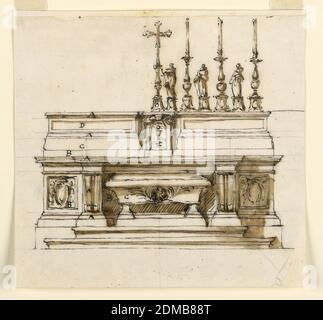 Design pour autel, Giuseppe Barberi, italien, 1746–1809, stylo et encre brune, pinceau et lavage brun, graphite sur papier blanc cassé doublé, le sepulchrum en forme de sarcophage, marqué de 'C', se trouve dans le creux 'B' de la mensa. À côté se trouvent des panneaux avec des escutcheons de prélate; le panneau de gauche est marqué « B ». La console de séparation est marquée par deux fois « A ». Au centre du mobilier de l'autel se trouve le tabernacle, avec le crucifix debout dessus. À côté, à droite, alterner trois statuettes de saints avec trois candélabres. Les moulures des meubles sont marquées à gauche du bas Banque D'Images