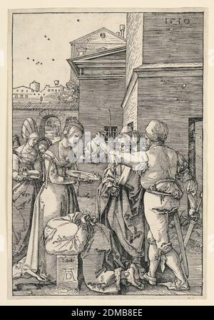 Décapant de Jean-Baptiste, Albrecht Dürer, allemand, 1471–1528, Woodcut et encre noire sur papier, le bourreau tient à droite la tête de Saint Jean, que Salome, à gauche, attend de recevoir sur une plaque. Le corps de Saint-Jean, agenouillé, est orienté vers la gauche. Monogramme de Durer, en bas à gauche. Date, 1510, en haut à droite., Allemagne, 1510, chiffres, Imprimer Banque D'Images