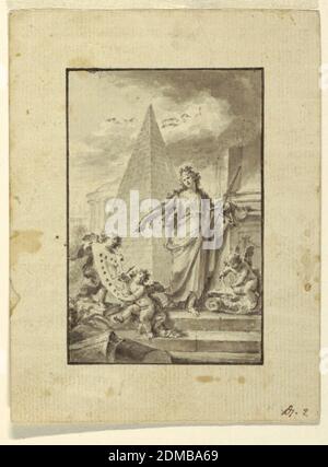 Design pour une illustration: 'Architecture', Fedele Fischetti, Italien, 1734 - 1789, Brush et Grey wash sur papier cousu crème, bordure réglée en stylo et encre noire, debout parmi les restes de l'architecture classique, une femme pointe à un plan tenu par deux putti. Elle porte des instruments de mesure dans sa main gauche. Un troisième puto mesure un capital. Ligne bordant., Verso: Fragment d'un dessin; crayon, stylo. Les volutes sont reliées par des bandes entrelacées., Italie, 1760–89, architecture, dessin Banque D'Images