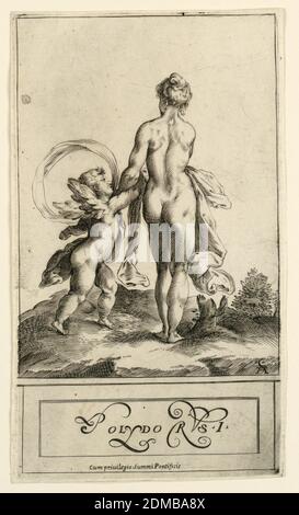 Vénus et Cupidon, Cherubino Alberti, italienne, 1553–1615, Polidoro da Caravaggio, italienne, 1499 - 1543, gravure sur papier, Vénus est montrée de l'arrière tenant les bras de Cupid., Italie, ca. 1590, Imprimer Banque D'Images