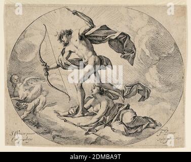 Apollo et Diana Chasing the Harpies, François Perrier, Français, 1594 - 1649, Simon Vouet, Français, 1590 - 1649, gravure sur papier, dans un cadre ovale, Diana est assise sur un nuage près d'Apollo, qui poursuit les Harpies avec arc et flèche., France, 1632, Imprimer Banque D'Images