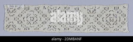 Band, Medium: linen Technique: grid of withdrawn element work with needle lace, reticella style, Linen band ornamented with reticella in a geometric design., Italy, 16th century, lace, Band Stock Photo