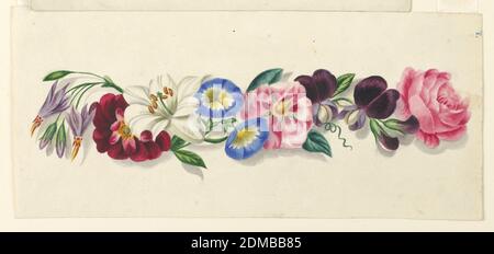 Arrangement de gloires du matin, roses de mousse, nénuphars, et autres fleurs, pinceau et aquarelle sur papier crème, UN arrangement horizontal de fleurs colorées: Gories du matin, roses de mousse, nénuphars, entre autres., Angleterre, 1829, études de la nature, dessin Banque D'Images