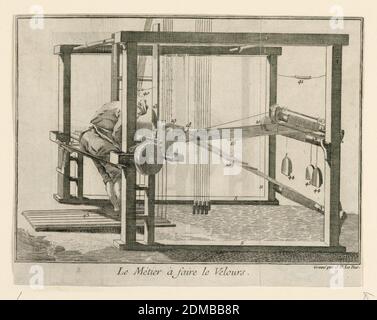 Le métier à faire le velours, Jacques-Philippe le Bas, Français, 1707–1783, gravure sur papier peint, Homme travaillant sur un métier à tisser., France, 1707–83, Figures, Imprimer Banque D'Images