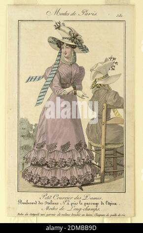 Assiette mode pour femme, encre noire, aquarelle couleur main support : papier vélin blanc cassé, France, Europe, 1826, costume et accessoires, impression Banque D'Images