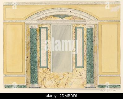 Wall Elevation, Frederick Crace, anglais, 1779–1859, stylo et encre noire, pinceau et aquarelle sur papier vélin, rectangle horizontal. Élévation murale, niche en marbre avec centre miroir, aigle au-dessus, 1815–22, architecture, intérieurs, dessin Banque D'Images