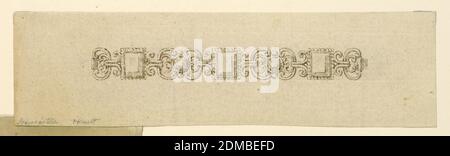 Design pour un bracelet, stylo et encre, pinceau et aquarelle, sépia sur papier, deux unités alternées : un diamant rectangulaire encadré, et un brillant entouré de volutes et de petites pierres rondes. Fermoir visible à chaque extrémité, Italie, 1820–30, bijoux, dessin Banque D'Images