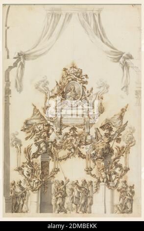 Design pour une catafalque pour Charles Emanuel III de Sardaigne, Carlo Marchionni, italien, 1702–1786, stylo et encre brune, pinceau et lavage, craie noire sur papier blanc cassé, monté, deux genii ailé, symbolisant la mort, assis sur des pilastres soutenant un sarcophage à Carl Emanuel III Les socles de chaque côté supportent deux supports de bougie avec bougies allumées et deux putti. Au-dessus, un fronton cassé soutient un putto assis à gauche et tenant un médaillon du roi. Deux putti supplémentaires soutiennent la couronne. Tout est orné de festons et de swags. Voici des groupes d'hommes Banque D'Images