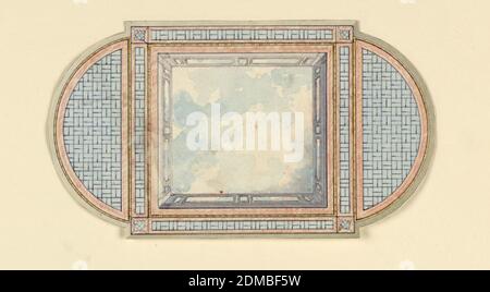 Design pour décoration de plafond, pour salle de condervation/musique ou peut-être salle à manger, Frederick Crace, Anglais, 1779–1859, Brush and aquarelle, graphite sur papier, rectangle horizontal. Design pour le Pavillon Royal, Brighton. Conception pour un plafond divisé en trois compartiments ; une section carrée et deux sections demi-ovales. Le carré contient une représentation peinte d'un ciel nuageux, entouré d'une balustrade, et d'une large bordure de motifs en bambou. Les sections ovales ont le bambou arrangé dans des motifs de trellis-work., l'album original associé à cette collection existe toujours. Banque D'Images