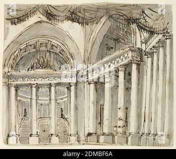 Stage Design, Palace Interior, stylo et encre de bistre, pinceau et sépia laver sur papier, rectangle horizontal. Intérieur du palais, colonnes autour du mur, escaliers menant à l'arrière-plan., Italie, début du XIXe siècle, théâtre, dessin Banque D'Images