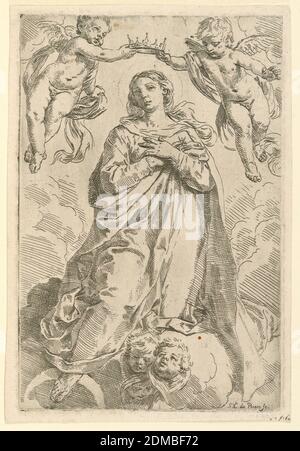 Le couronnement de la Vierge, Simone Cantarini, Italien, 1612 - 1648, Etching sur papier, la Vierge, debout sur un nuage, repose un pied sur un croissant de lune. Elle est couronnée par deux anges., Pesaro, Italie, ca. 1640, Imprimer Banque D'Images