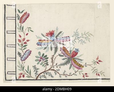 Motif brodé, gilet Corner of Gentleman, pinceau et gouache, aquarelle sur papier crème, partie inférieure gauche d'un gilet ou d'une veste sans manches pour homme avec fleurs rouges, bleues, jaunes, roses, orange et violettes. Dans la manière chinoise de Jean-Baptiste Pillement. Boutonnières indiquées à gauche., France, ca. 1785, broderie et couture, dessin Banque D'Images