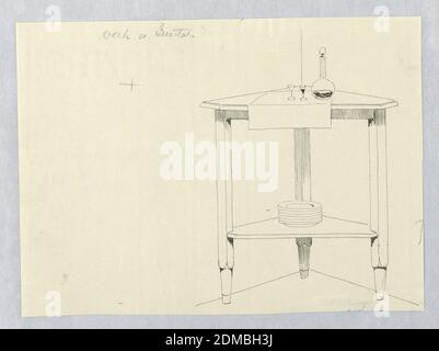 Conception pour table de service d'angle, A.N. Davenport Co., stylo et encre noire sur papier crème fin, dessus moulé triangulaire avec coins arrondis ; surélevé sur 3 pieds droits avec pieds coniques ; étagère inférieure conforme fixée juste au-dessus du niveau du sol ; sur la tablette supérieure, bouteille de vin et 2 verres à liqueur sur serviette blanche ; Sur la tablette inférieure, pile de plaques., 1900–05, mobilier, dessin Banque D'Images