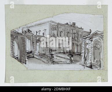 Conception de scène: Palace Architecture, stylo et encre noire, brosse et lavage gris, craie noire sur papier blanc, conception pour un ensemble de scène. Une façade de palais vue de l'angle gauche et du dessous. À gauche, des escaliers mènent à travers un porche dans un jardin. Pavillon à droite. Crayon au-dessus, indiquant une courbe., Italie, 1750–99, théâtre, dessin Banque D'Images