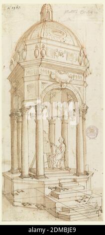 Catafalque de l'artiste bolognaise Elisabetta Sirani, stylo et encre brune, pinceau et brun sur graphite sur papier blanc cassé, plan et vue perespective. Un vol de marches mène à un pavillon dans lequel le peintre est présenté au travail., Italie, 1665, architecture, dessin Banque D'Images