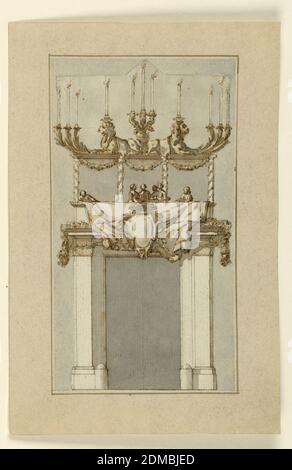 Décoration d'un portail en l'honneur d'un prélate, Paolo Pozzi, italien, 1741 – 1803, stylo et encre, pinceau et aquarelle sur papier gris-hollandais avec fibres bleues, Portal surmontée d'un balcon, six figures à l'intérieur. Candélabre éclairé avec des lions au sommet colonnes de balcon., Italie, 1760–80, architecture, dessin Banque D'Images