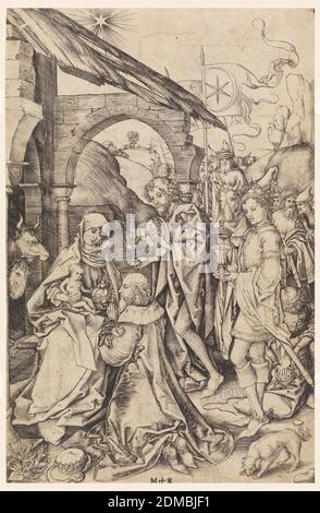 L'adoration des Mages, Martin Schongauer, allemand, 1450–1491, sur papier ponté, la Vierge est assise au premier plan, à gauche, tenant l'enfant à genoux. L'un des Magi s'agenouille devant eux, en profil, en face à gauche. Les deux autres Magi, et leurs serviteurs, sont en arrière-plan, à droite. Un chien, en bas à droite. Monogramme de Schongauer, centre inférieur, Allemagne (aujourd'hui la France), ca. 1485, figures, Imprimer Banque D'Images