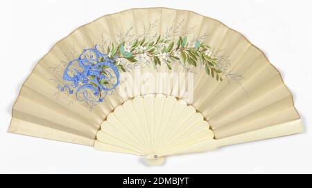 Pleated fan, Gouache-painted silk leaf, celluloid sticks, Pleated fan, leaf of white silk with the obverse decorated with a spray of orange blossoms and a monogram: 'SS April 26, 1876' painted in gouache. Reverse is blank. Sticks are plain white celluloid., USA, 1876, costume & accessories, Pleated fan Stock Photo