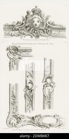 Développement de perdeuses du Portrait du Roy, cartouche aux armes du roi..., 4ème plaque, pl. 38 dans oeuvre de juste-Aurele Meissonnier, juste-Aurèle Meissonnier, français, n. Italie, 1695–1750, Gabriel Huquier, français, 1695–1772, Gabriel Huquier, français, 1695–1772, décapage sur papier blanc cassé, état unique. Bordure asymétrique avec cartouche centrale avec les bras du roi, trois fleurs de lis, une couronne en haut, un puto à gauche. Bordure décorée de feuilles et de guirlandes tourbillonnantes., Paris, France, 1748, ornement, imprimé Banque D'Images